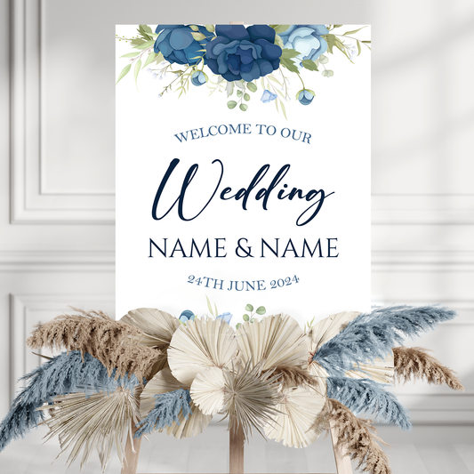 BLUE Floral Wedding Welcome Sign, Wedding Sign, A1, A2, A3 or A4, Wedding Decor, Welcome Wedding Poster, Large Welcome Sign, Printed Sign