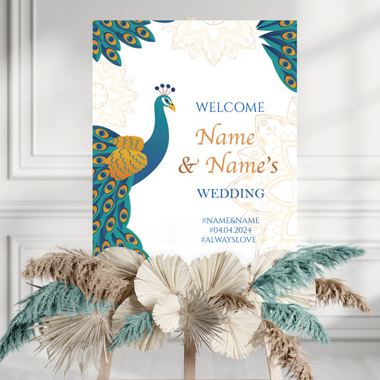 Indian Wedding Welcome Sign, Desi Wedding Décor, A1, A2, A3 or A4, Reception Welcome Sign, Nikkah Welcome Board, Indian Peacock Welcome Sign
