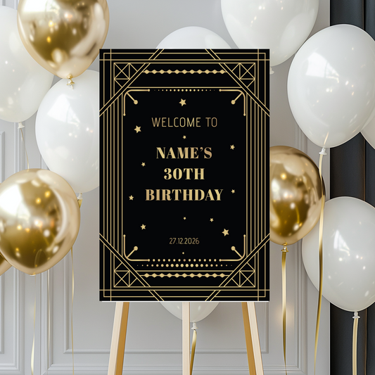 ART DECO Birthday Party Welcome Sign, A1, A2, A3 or A4, Great Gatsby Birthday Party Signs, Birthday Decorations, Adults Birthday Party Sign