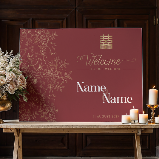 Chinese Wedding Welcome Sign, Vietnamese Tea Ceremony, A1, A2, A3 or A4, Reception Welcome Sign, Asian Welcome Board, Red Floral Blossom