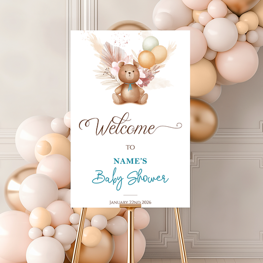 BOHO Teddy Baby Shower Welcome Board, A1, A2, A3 or A4, Gender Neutral Baby Shower Sign, Baby Welcome Sign, Baby Boy Baby Girl Shower Decor