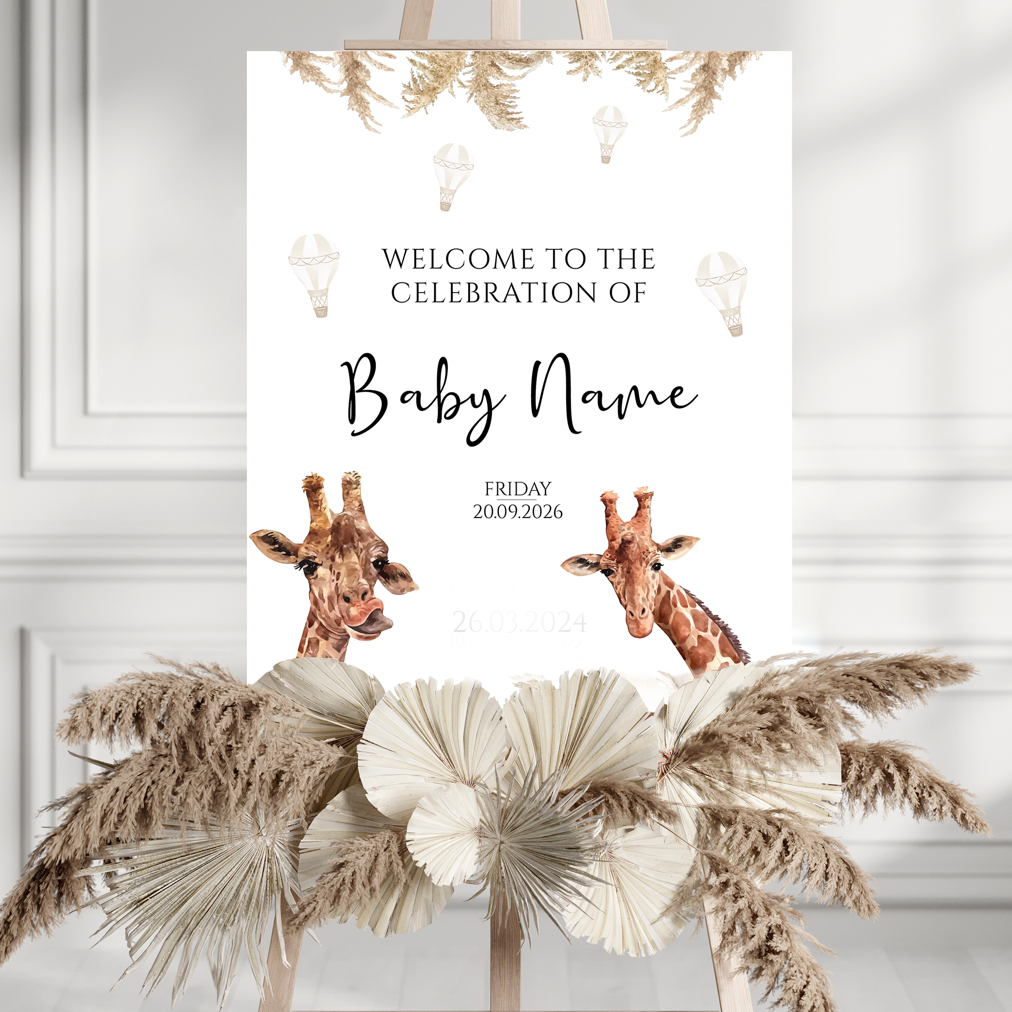 PAMPAS Giraffe Baby Shower Welcome Board, A1, A2, A3 or A4, Gender Neu