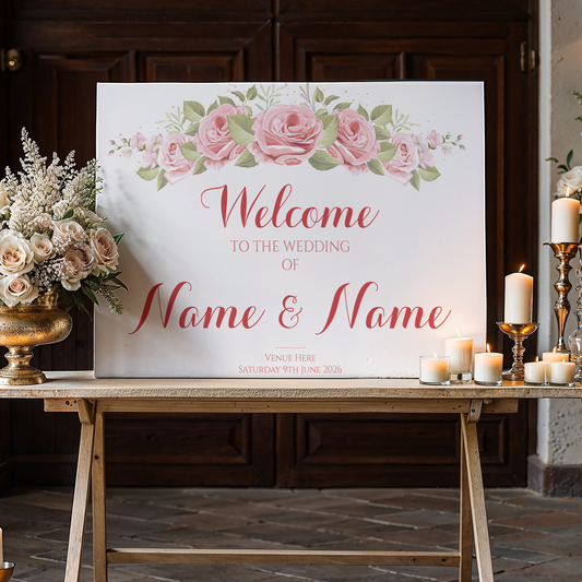 PINK ROSES Welcome Sign, Printed Sign A1 A2 A3 A4, Welcome Sign Order of the Day, Pink Peach Cream Roses, Personalised Wedding Welcome Sign