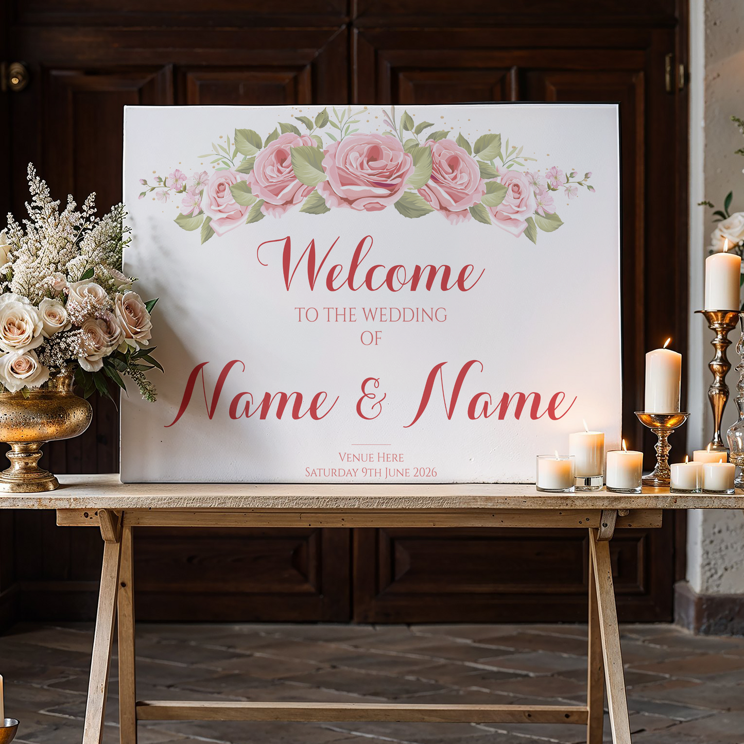 PINK ROSES Welcome Sign, Printed Sign A1 A2 A3 A4, Welcome Sign Order of the Day, Pink Peach Cream Roses, Personalised Wedding Welcome Sign
