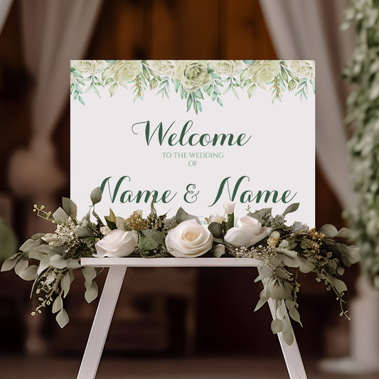 WHITE ROSES Welcome Sign, Printed Sign A1 A2 A3 A4, Welcome Sign Order of the Day, White Roses Foliage, Personalised Wedding Welcome Sign