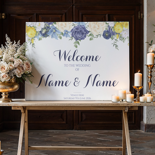 BLUE YELLOW ROSES Peonies Lilies, Welcome Sign, Printed Sign A1 A2 A3 A4, Welcome Sign Order of the Day, Personalised Wedding Welcome Sign