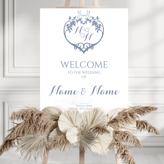 BLUE MONOGRAM Welcome Sign, Printed Sign A1 A2 A3 A4, Welcome Sign Order of the Day, Couples Initial Sign, Personalised Wedding Welcome Sign
