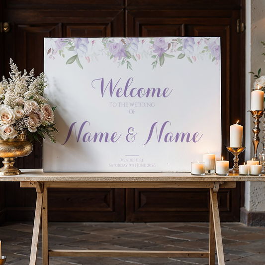 PURPLE LILY ROSES Welcome Sign, Printed Sign A1 A2 A3 A4, Welcome Sign Order of the Day, Purple Lilacs, Personalised Wedding Welcome Sign