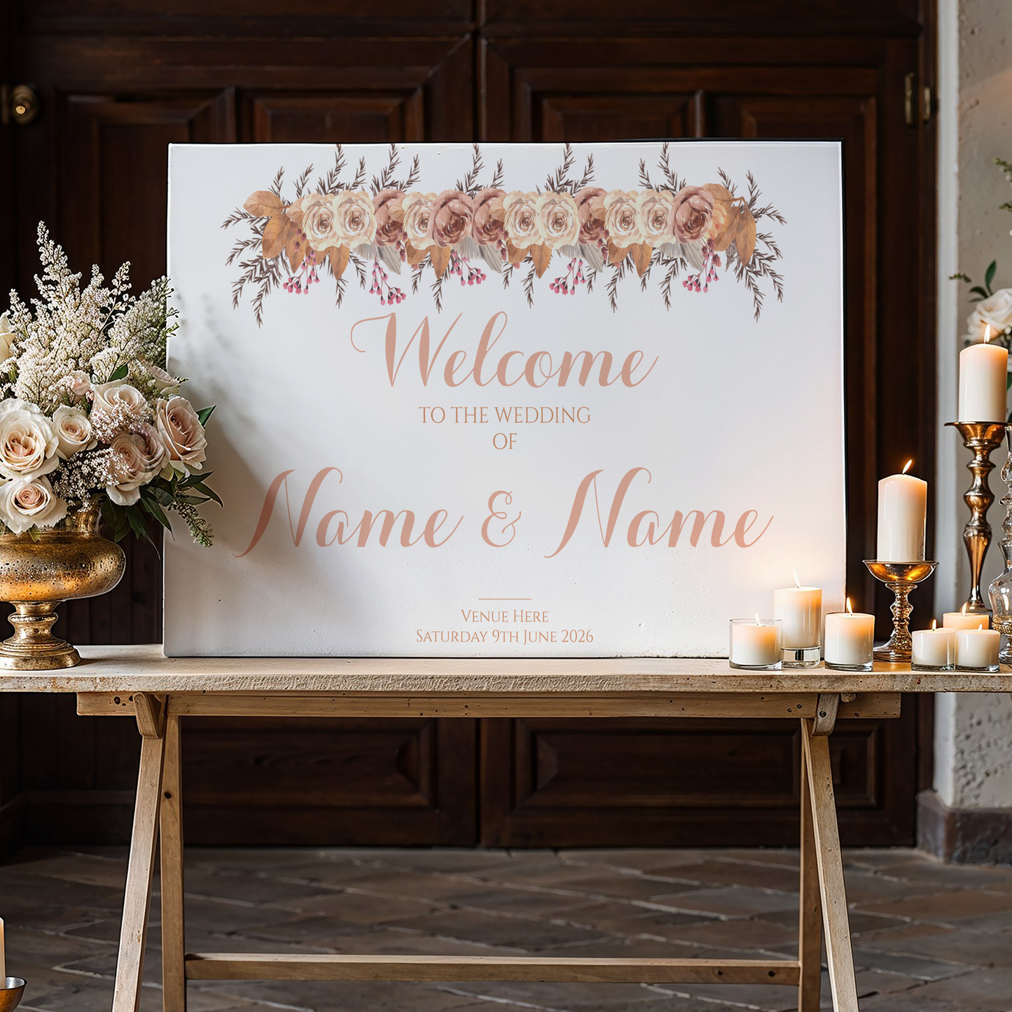 AUTUMNAL ROSES Welcome Sign, Printed Sign A1 A2 A3 A4, Welcome Sign Order of the Day, Orange Roses Sign, Personalised Wedding Welcome Sign