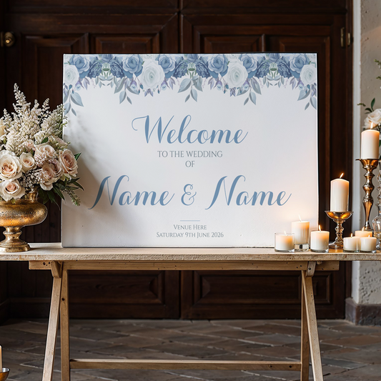 BLUE ROSES Welcome Sign, Printed Sign A1 A2 A3 A4, Welcome Sign Order of the Day, Blue Roses Foliage, Personalised Wedding Welcome Sign