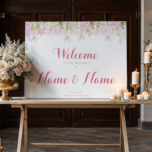 PINK LILACS Welcome Sign, Printed Sign A1 A2 A3 A4, Welcome Sign Order of the Day, Pink Peach Cream Roses, Personalised Wedding Welcome Sign