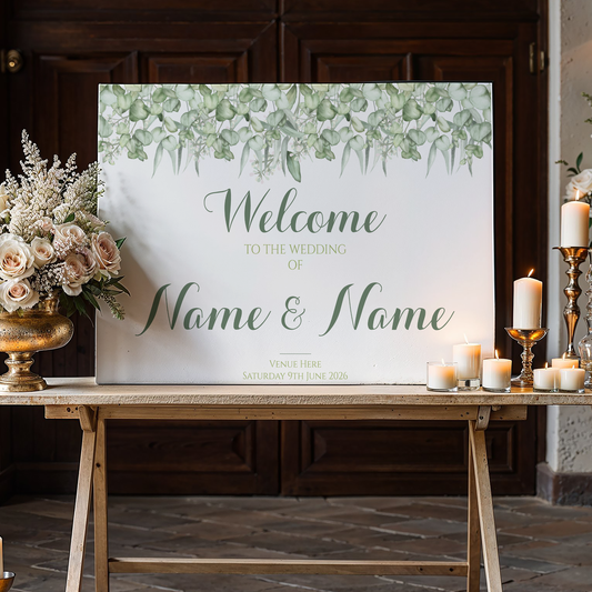 EUCALYPTUS Welcome Sign, Printed Sign A1 A2 A3 A4, Welcome Sign Order of the Day, Greenery Foliage Sign, Personalised Wedding Welcome Sign