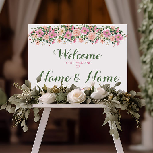 PINK GREEN FLORAL Welcome Sign, Printed Sign A1 A2 A3 A4, Welcome Sign Order of the Day, Wildflower Mix, Personalised Wedding Welcome Sign