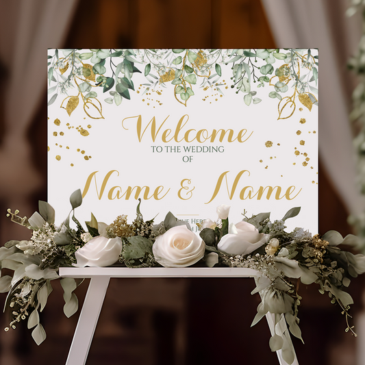 EUCALYPTUS GREEN GOLD Welcome Sign, Printed Sign A1 A2 A3 A4 Welcome Sign Order of the Day, Greenery Foliage Sign, Personalised Wedding Sign