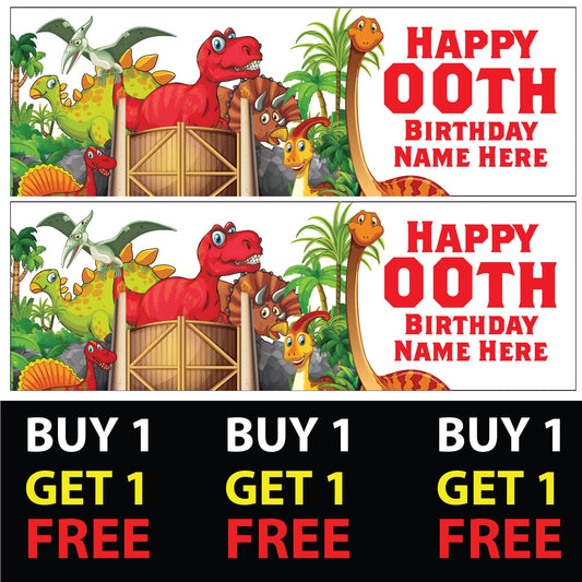 Set of 2 Personalised Dinosaur V2 With Red Text Birthday Banners - Birthday Party - Celebration - Occasion