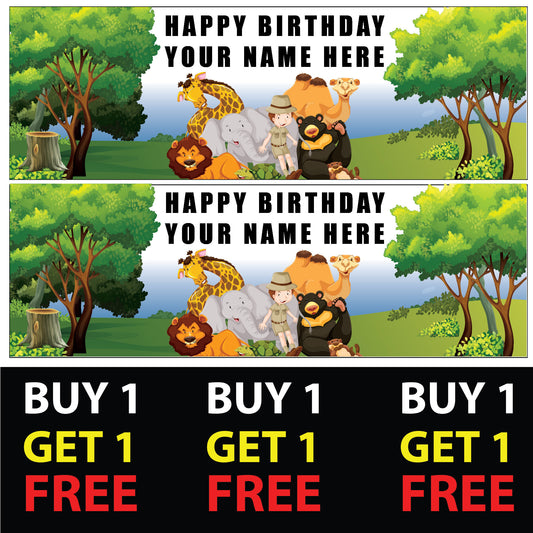 Set of 2 Personalised Zoo Animal Themed V1 Birthday Banners - Birthday Party - Celebration - Occasion - Kids - Boys - Girls