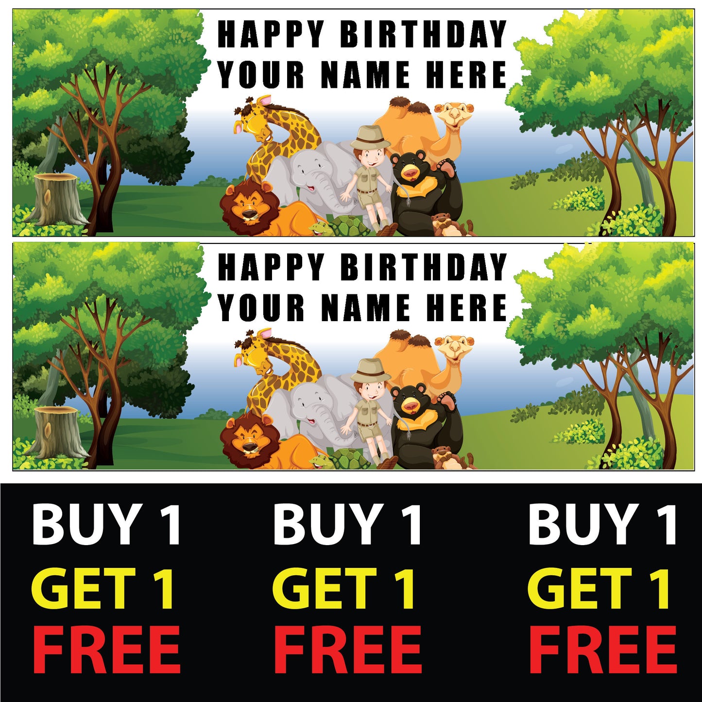 Set of 2 Personalised Zoo Animal Themed V1 Birthday Banners - Birthday Party - Celebration - Occasion - Kids - Boys - Girls