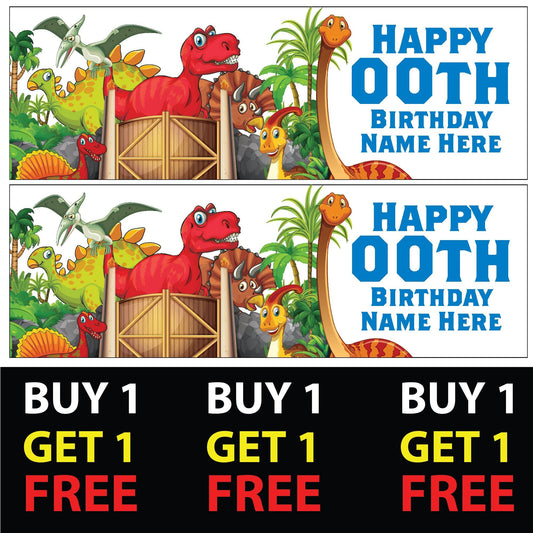 Set of 2 Personalised Dinosaur V2 With Blue Text Birthday Banners - Birthday Party - Celebration - Occasion