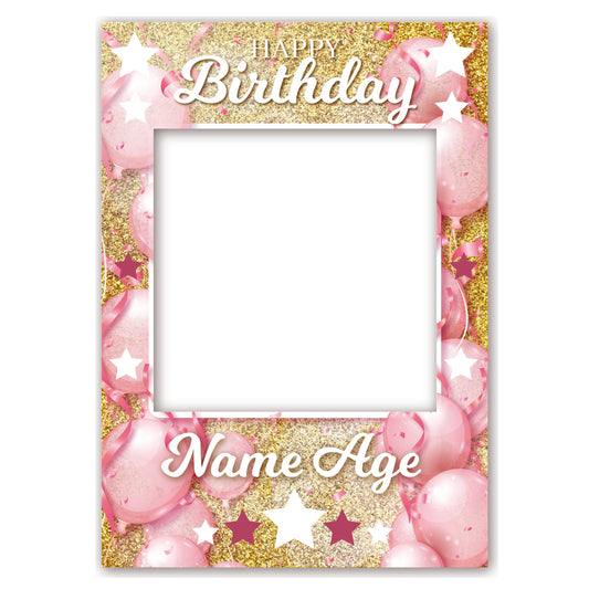 PERSONALISED SELFIE FRAME 0023 Name Age Pink and Gold Balloons Stars Selfie Frame Props Kids Party Happy Birthday Decoration 0023