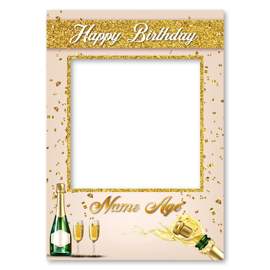 PERSONALISED SELFIE FRAME 0028 Name Age Light Gold Champagne Bottles Selfie Frame Props Kids Party Happy Birthday Decoration 0028