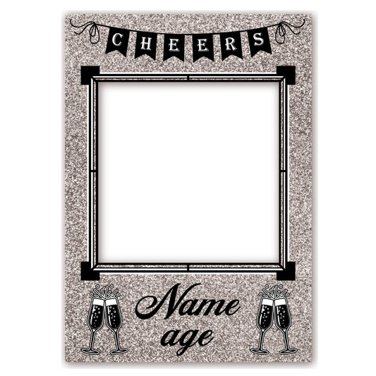 PERSONALISED SELFIE FRAME 0032 Name Age Silver Glitter Effect Champagne Glass Selfie Frame Props Party Happy Birthday Decoration 0032
