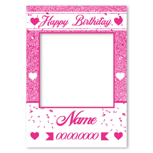 PERSONALISED SELFIE FRAME 0034 Name Age Pink Hearts Glitter Effect Selfie Frame Props Party Happy Birthday Decoration 0034