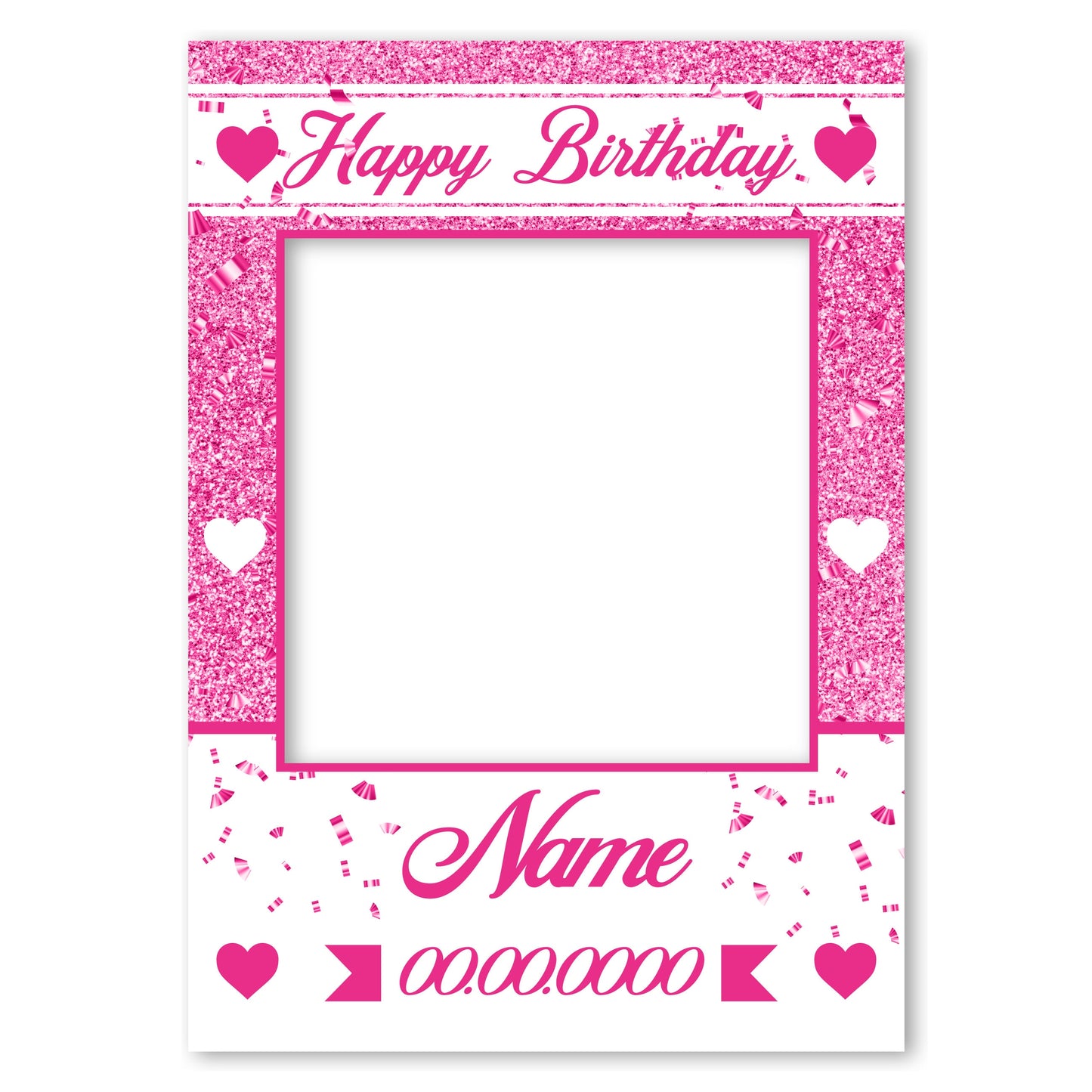 PERSONALISED SELFIE FRAME 0034 Name Age Pink Hearts Glitter Effect Selfie Frame Props Party Happy Birthday Decoration 0034