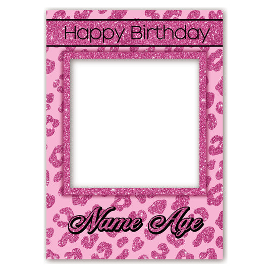 PERSONALISED SELFIE FRAME 0035 Name Age Pink Cheetah Print Glitter Effect Selfie Frame Props Party Happy Birthday Decoration 0035