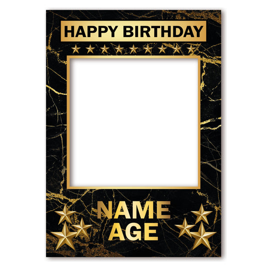 PERSONALISED SELFIE FRAME 0038 Name Age Black and Gold Stars Marble Effect Design Selfie Frame Props Party Happy Birthday Decoration 0038