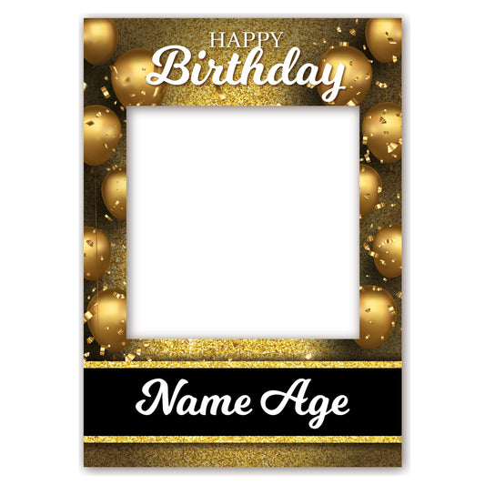 PERSONALISED SELFIE FRAME 0022 Name Age Gold Glitter Effect Balloons Selfie Frame Props Kids Party Happy Birthday Decoration 0022
