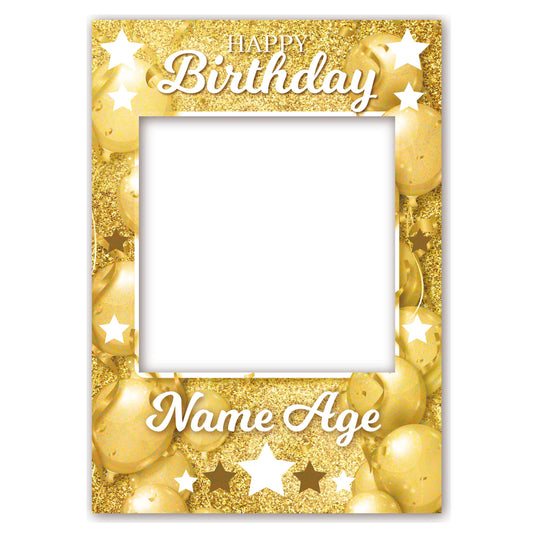 PERSONALISED SELFIE FRAME 0024 Name Age Gold Balloons Stars Selfie Frame Props Kids Party Happy Birthday Decoration 0024