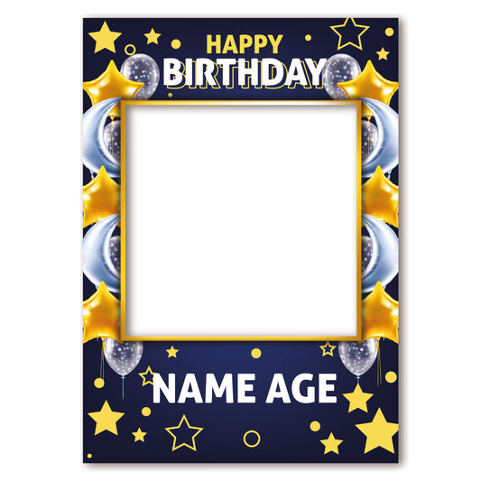 PERSONALISED SELFIE FRAME 0026 Name Age Gold Stars and Silver Moons Balloons Blue Selfie Frame Props Kids Party Happy Birthday Decoration