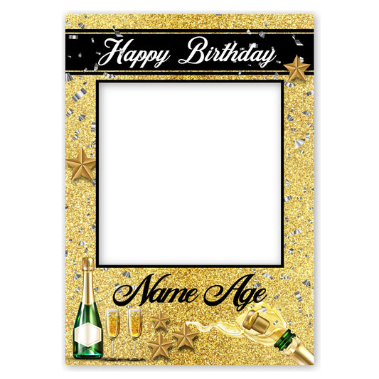 PERSONALISED SELFIE FRAME 0027 Name Age Gold Champagne Bottles Selfie Frame Props Kids Party Happy Birthday Decoration 0027