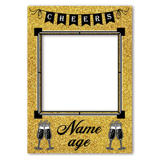 PERSONALISED SELFIE FRAME 0030 Name Age Gold Glitter Effect Champagne Glass Selfie Frame Props Kids Party Happy Birthday Decoration 0030