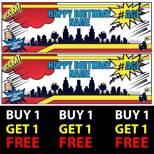 Set of 2 Personalised Comic Book City Birthday Banners - Birthday Party - Celebration - Occasion