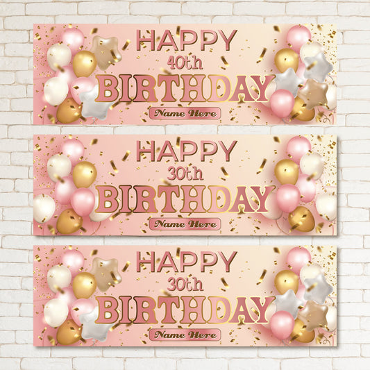 Set of 2 Personalised Birthday Banner Rose Gold Party Star Balloon Poster Decoration 16th 18th 21st 30th 40th 50th Birthday Party - Celebration