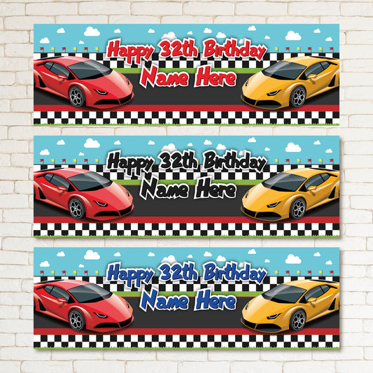 Set of 2 Personalised Birthday Banner Super Fast Car Racing Track Children Party Poster