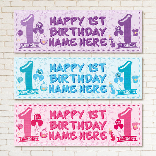 Set of 2 Personalised 1st Birthday Banner Baby Christening Baptism Party Poster Decor