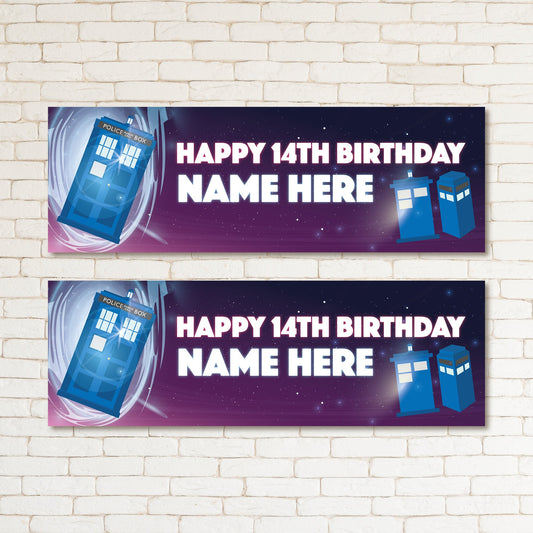 Set of 2 Personalised Time Travel Police Box Kids & Adults Birthday Party Banner Decor