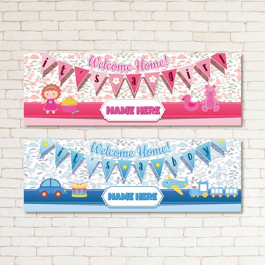 Set of 2 Personalised Welcome home baby banners - boy or girl - Blue or Pink
