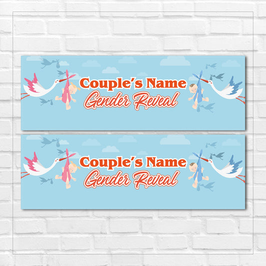 Set of 2 Personalised Stork Gender Reveal Banners Any Name(S)/Message Party Wall Decor