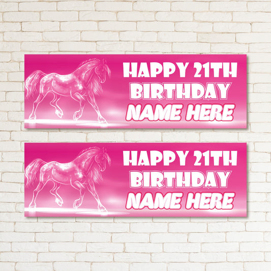 Set of 2 Personalised pink pretty glow horse birthday banners kids & adult party event wall decor