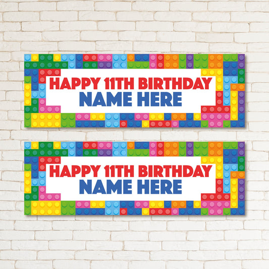 Set of 2 Personalised Building Blocks Kids Birthday Banner Children Party Supplies Event Wall Decor Occasion