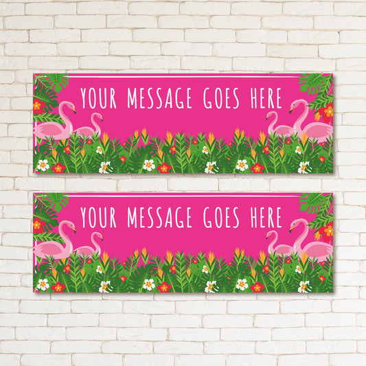 Set of 2 Personalised Pink Palm Leaf Flamingo Kids & Adult Party Banner Event Decor