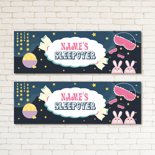 Set of 2 Personalised Sleepover Party Kids & Adult Birthday Banner Event Decor Occasion