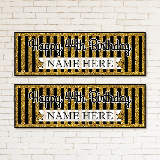 Set of 2 Personalised Black and Gold Kids & Adult Birthday Party Banner Event Decor