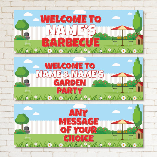 Set of 2 Personalised Garden party banners - barbecue banners - any name - any message