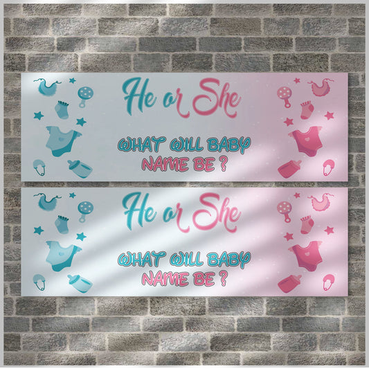 Set of 2 Personalised Baby Gender Reveal Party Banners - Boy Or Girl? Pink & Blue Theme