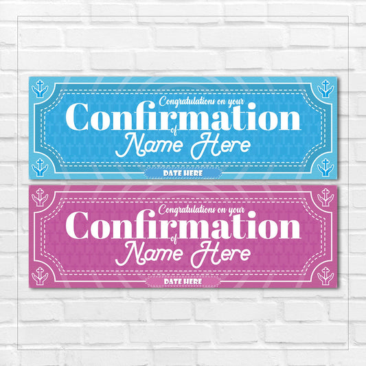Set of 2 Personalised Confirmation Banners Congratulations Pink/Blue Any Name Date Wall Decor
