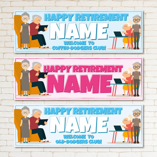 Set of 2 Personalised Funny Retirement Banners Any Name Coffin Dodger Old Dodger Wall Decor